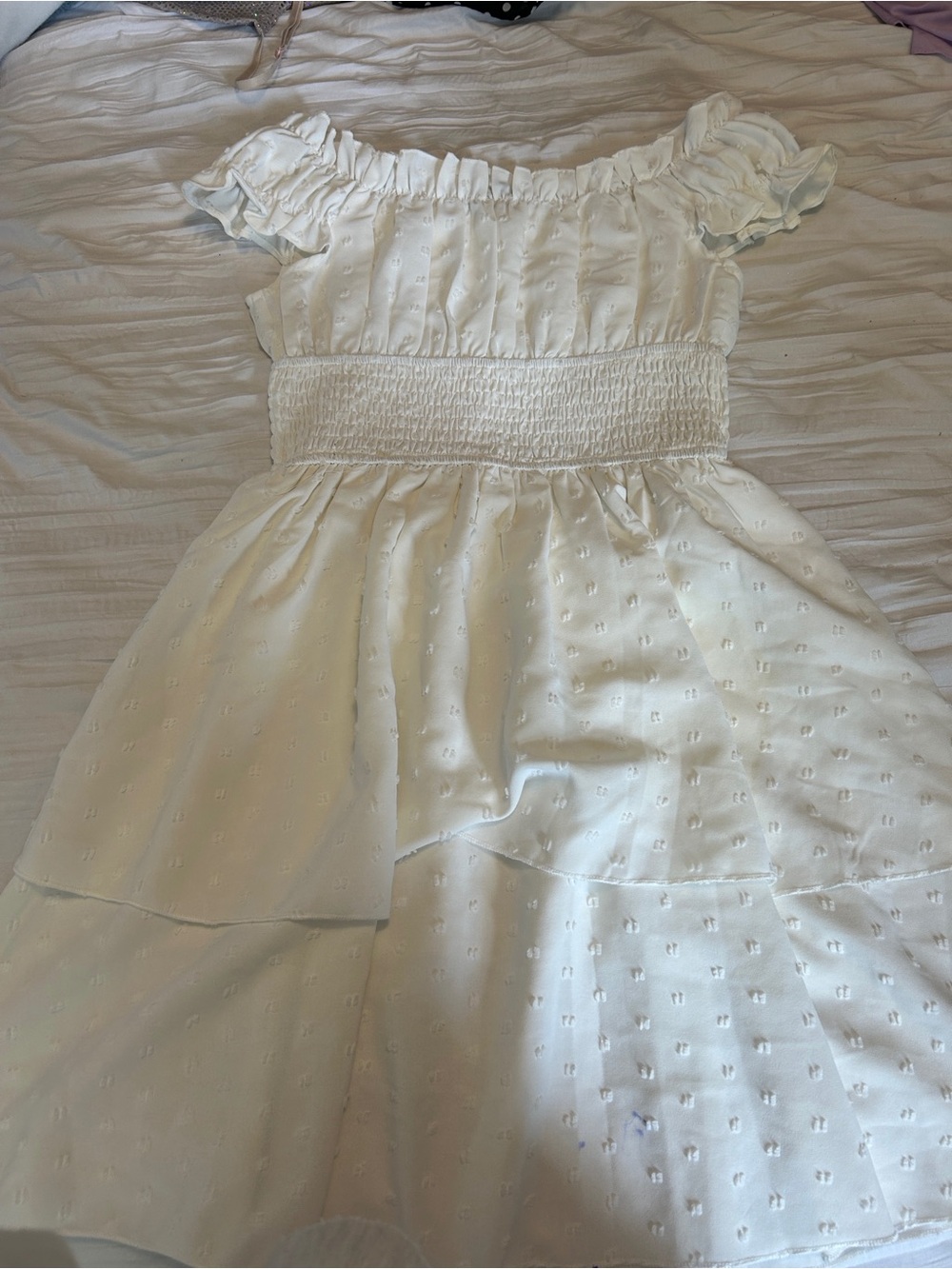 White Off-Shoulder Smocked Waist womens Dress